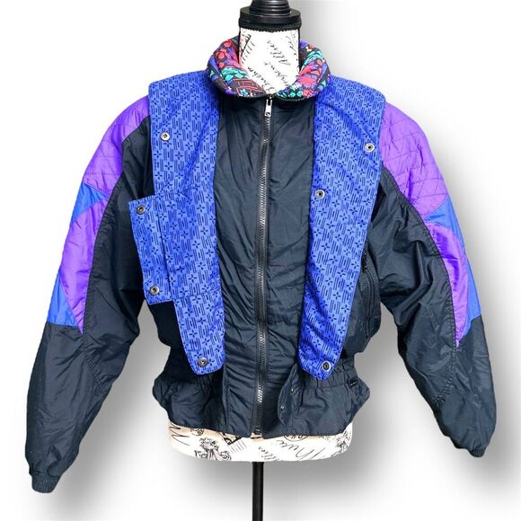 Vintage Edelweiss Skiwear Women’s Ski Bunny Bomber Jacket M Black Purple Retro - Picture 4 of 10